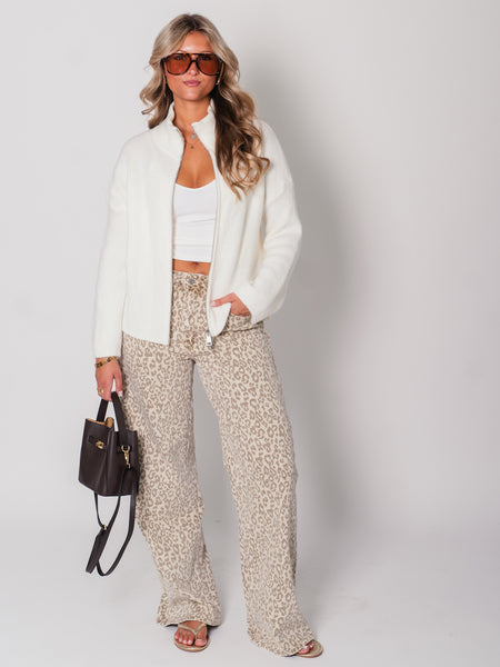 Zip Up Uni Cardigan - Weiß