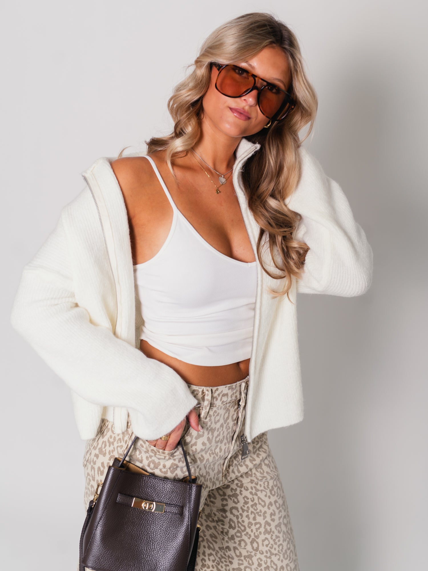Zip Up Uni Cardigan - Weiß
