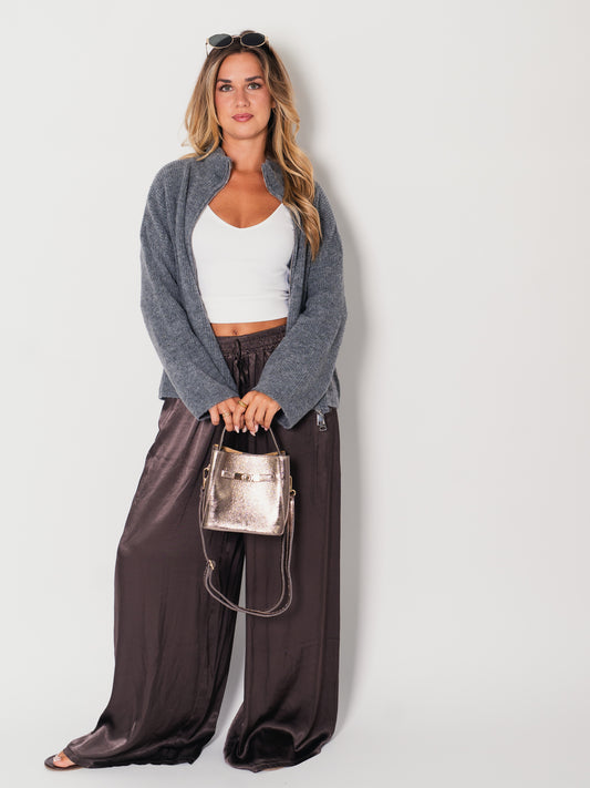 Zip Up Uni Cardigan - Grau
