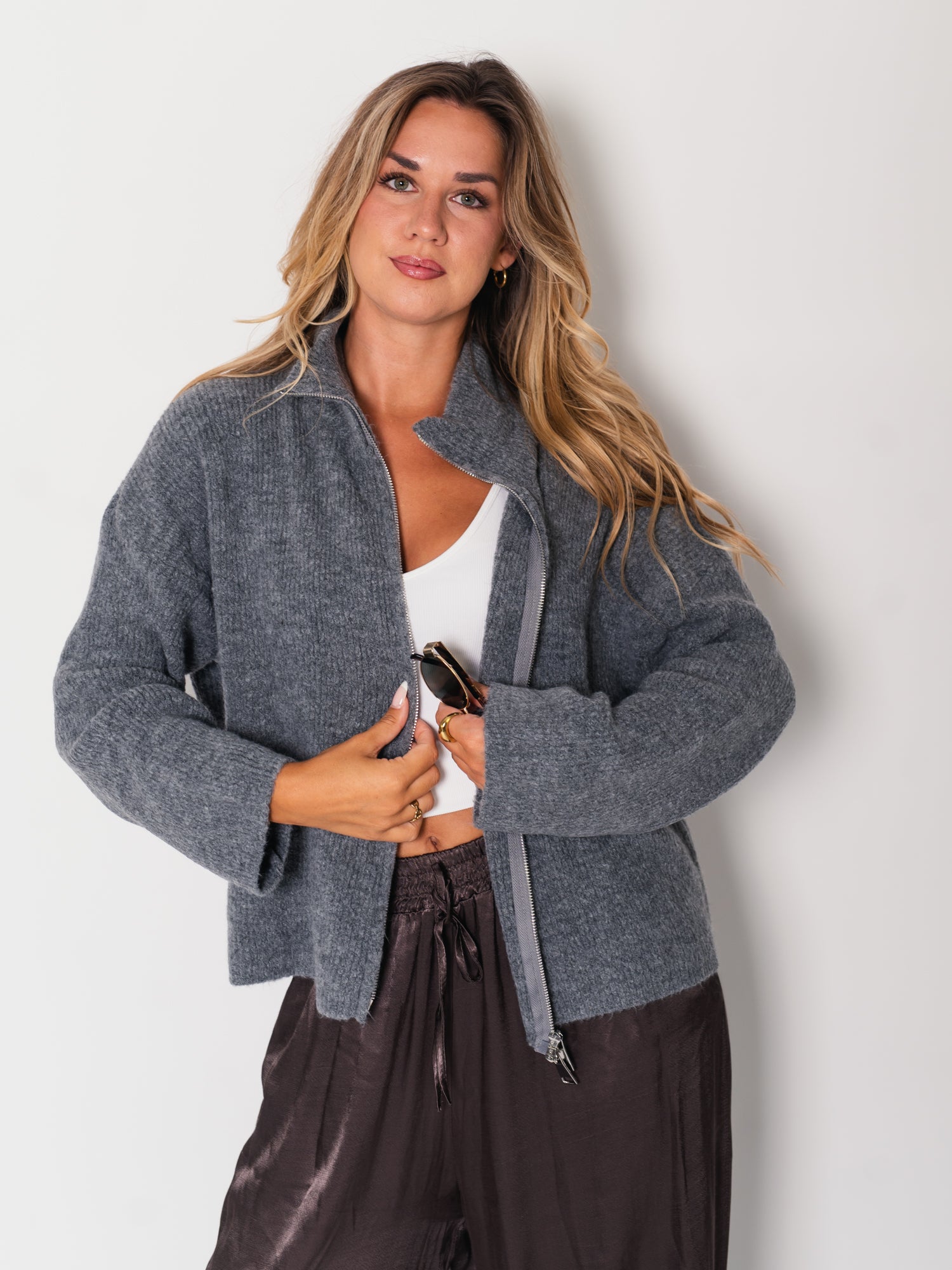 Zip Up Uni Cardigan - Grau