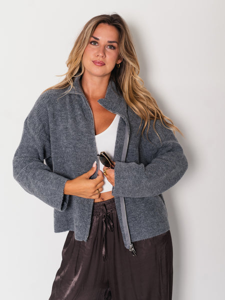 Zip Up Uni Cardigan - Grau