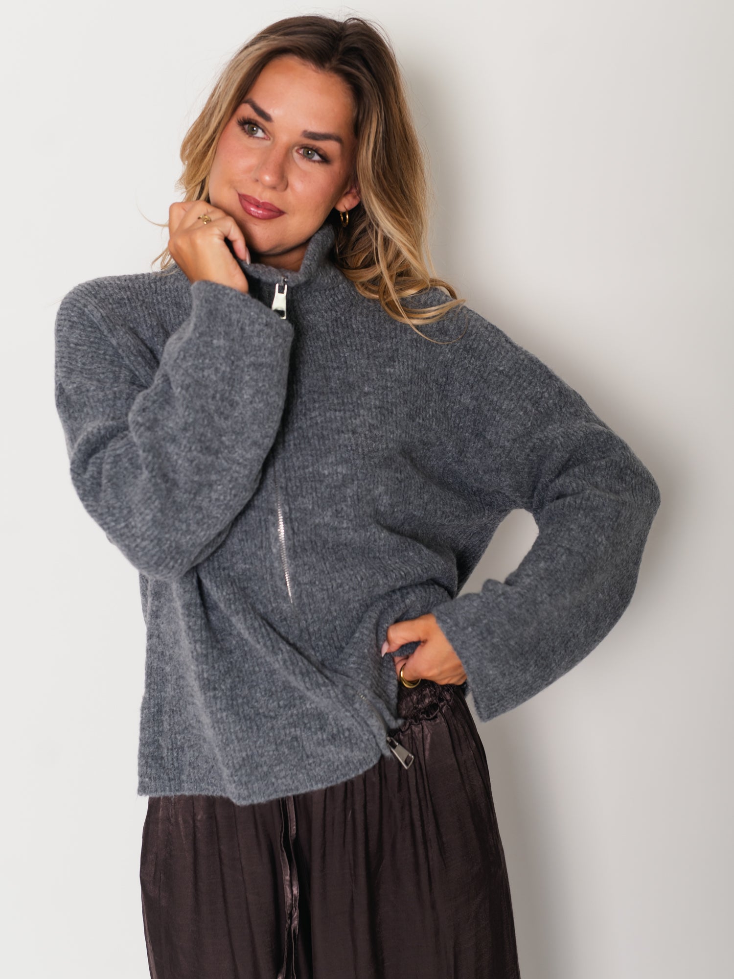 Zip Up Uni Cardigan - Grau