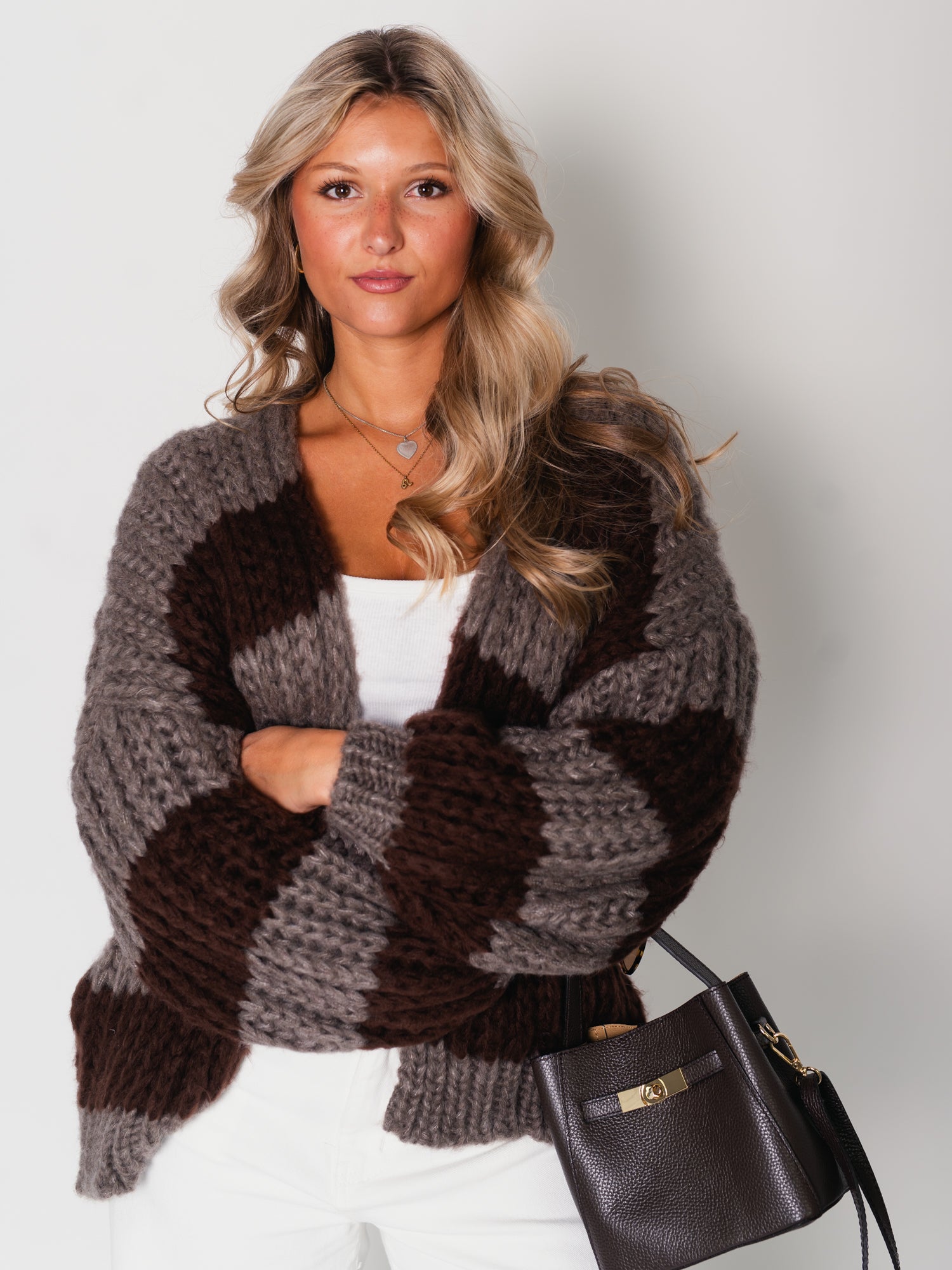 Fallen Streifen Strickjacke - Espresso/Braun