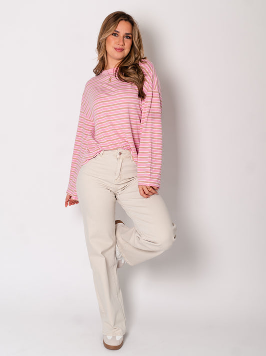 Streifen Longsleeve - Rosa/Beige