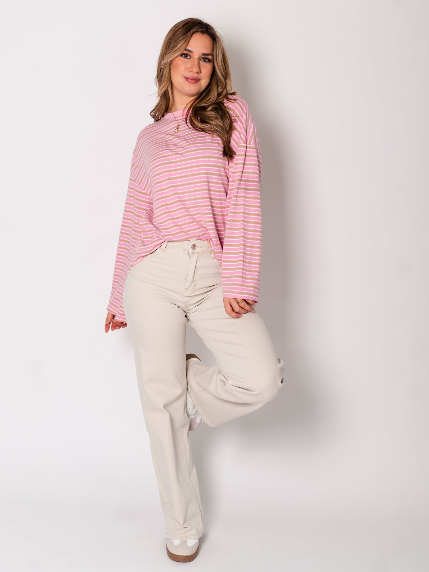 Streifen Longsleeve - Rosa/Beige