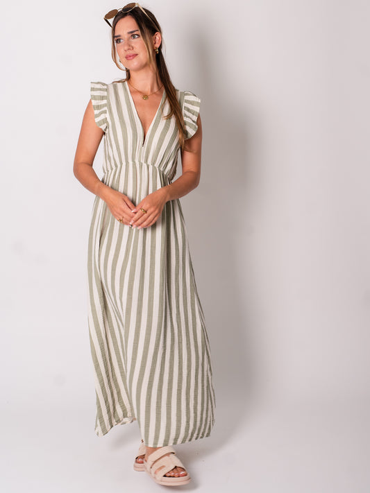 Leonora Musselin Kleid -  Streifen/Khaki