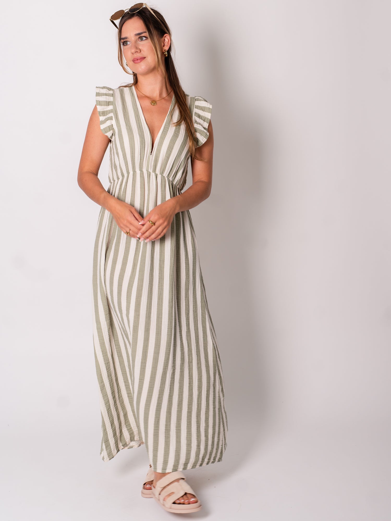 Leonora Musselin Kleid -  Streifen/Khaki