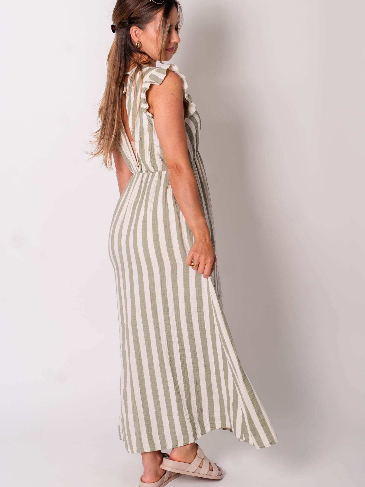 Leonora Musselin Kleid -  Streifen/Khaki