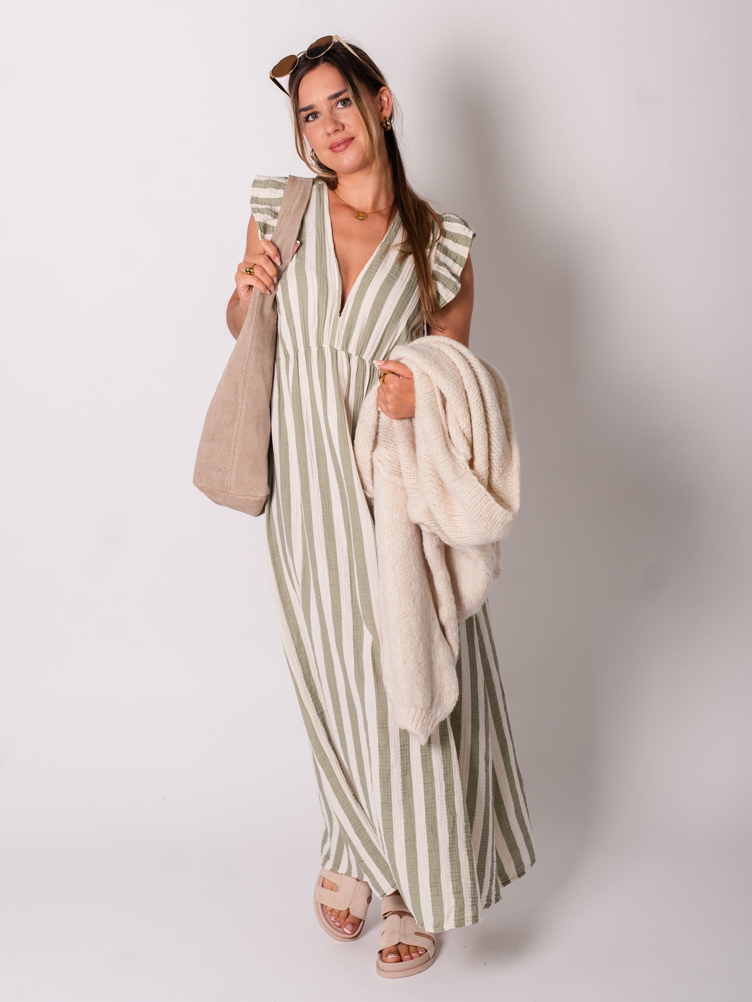 Leonora Musselin Kleid -  Streifen/Khaki