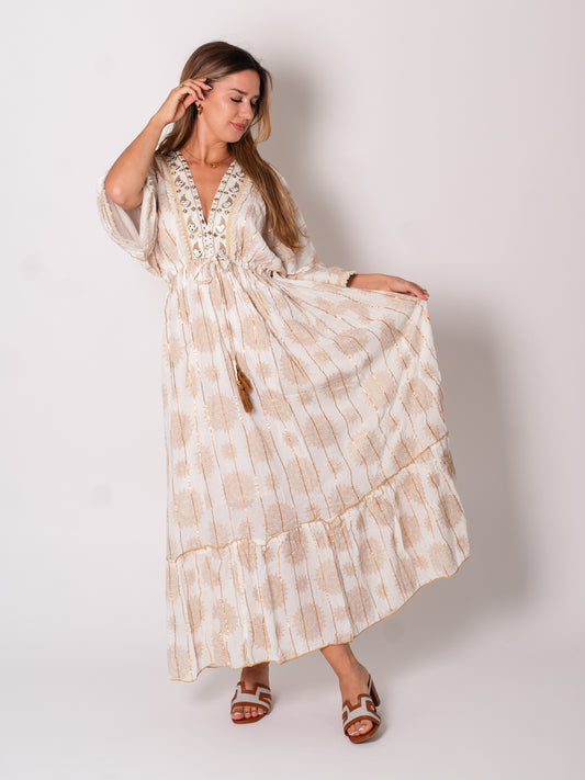Boho Maxi Kleid - Beige/Gold