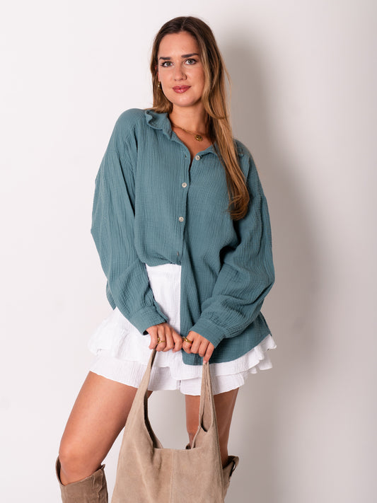 Midi Waffle Bluse - Petrol