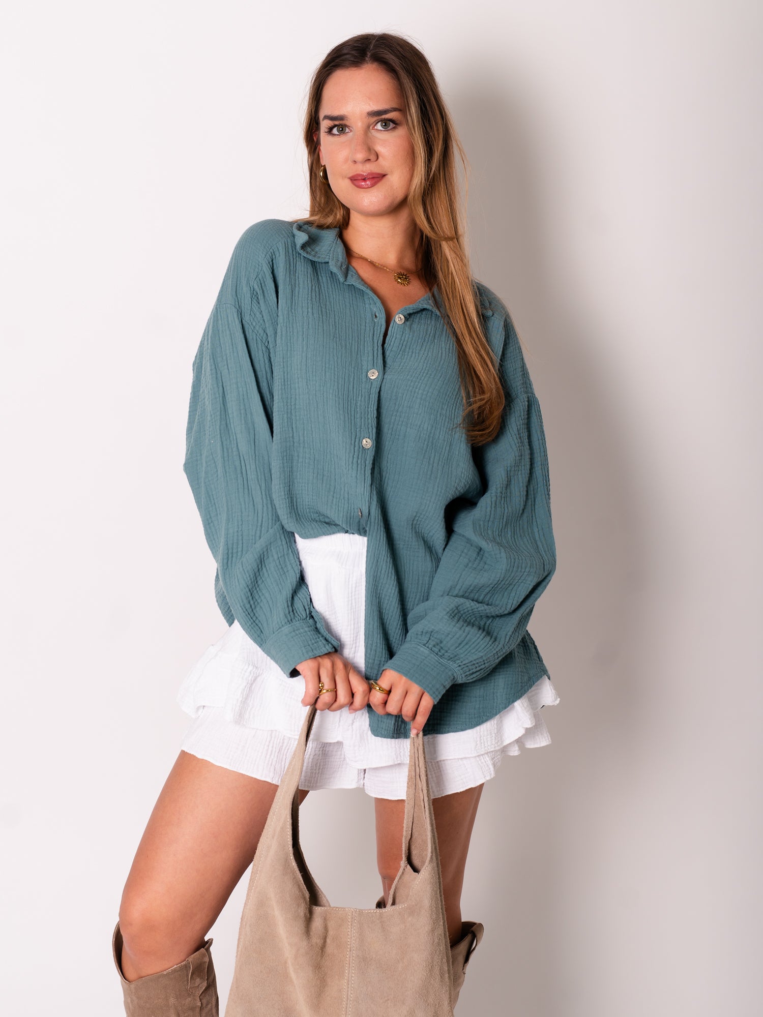 Midi Waffle Bluse - Petrol
