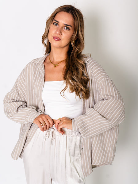 Midi Streifen Musselin Bluse - Beige