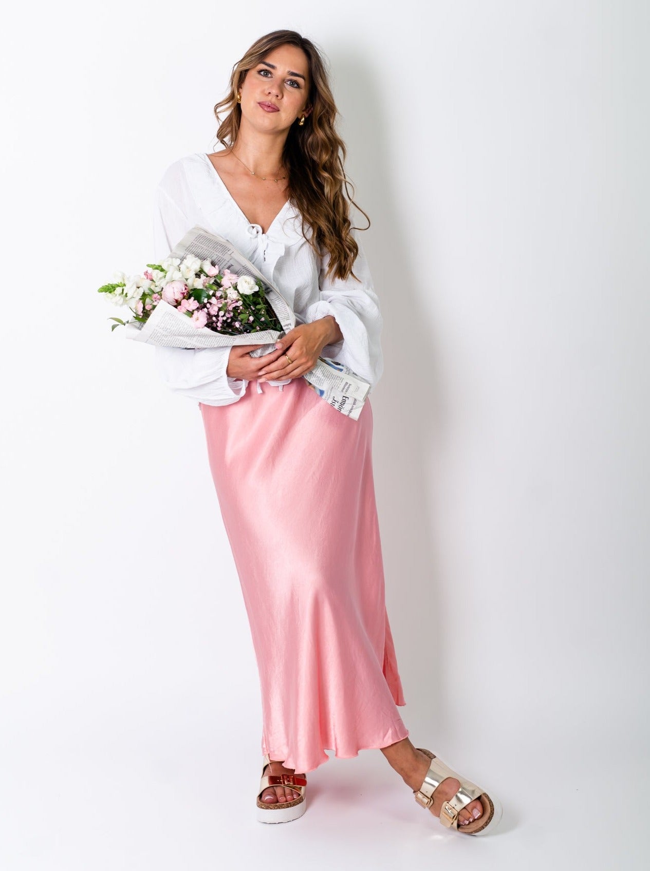 Satin Midi Rock - Korall