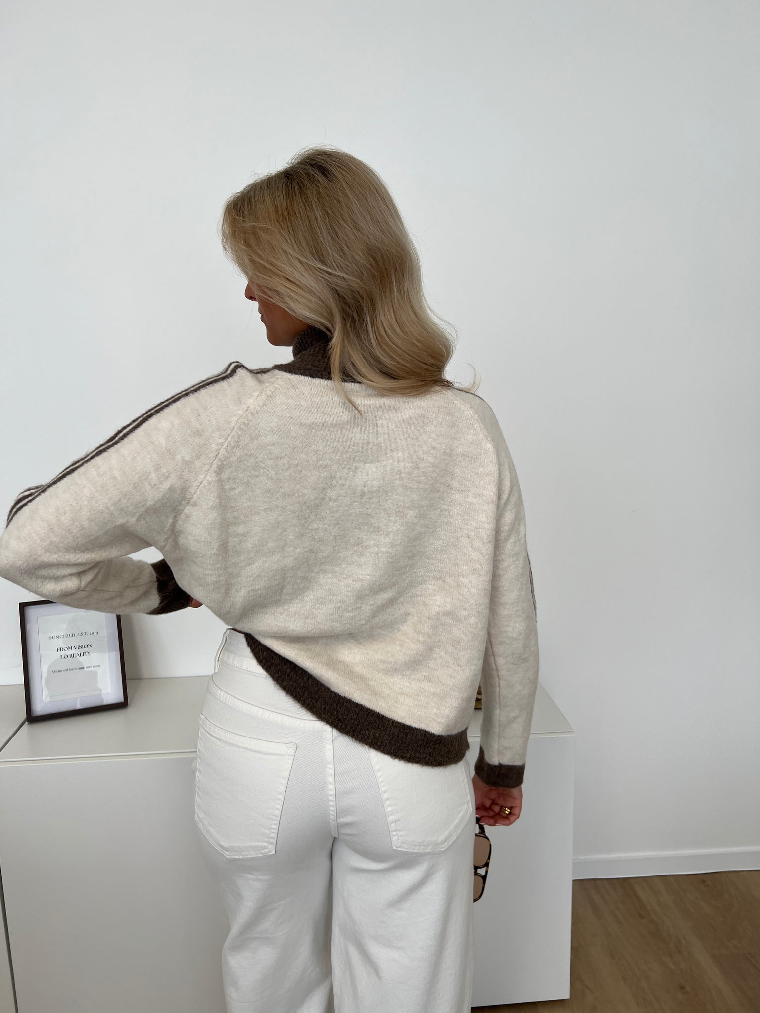 Fio Zip Up Streifen  Cardigan - Beige/Coffee
