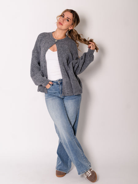 Simple Button Strickjacke - Dunkelgrau