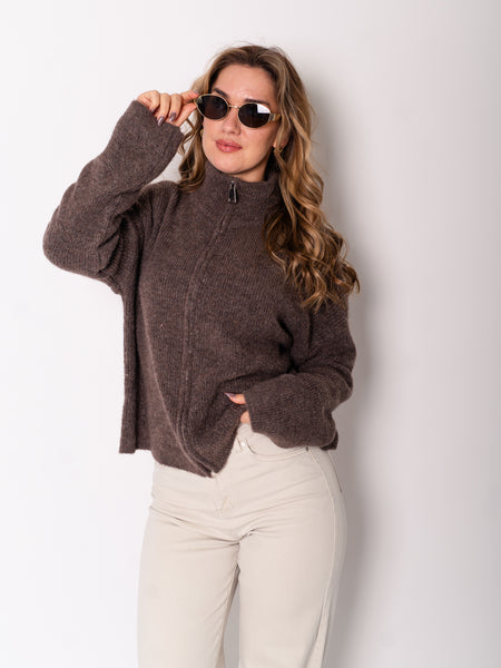 Zip Up Uni Cardigan - Coffee