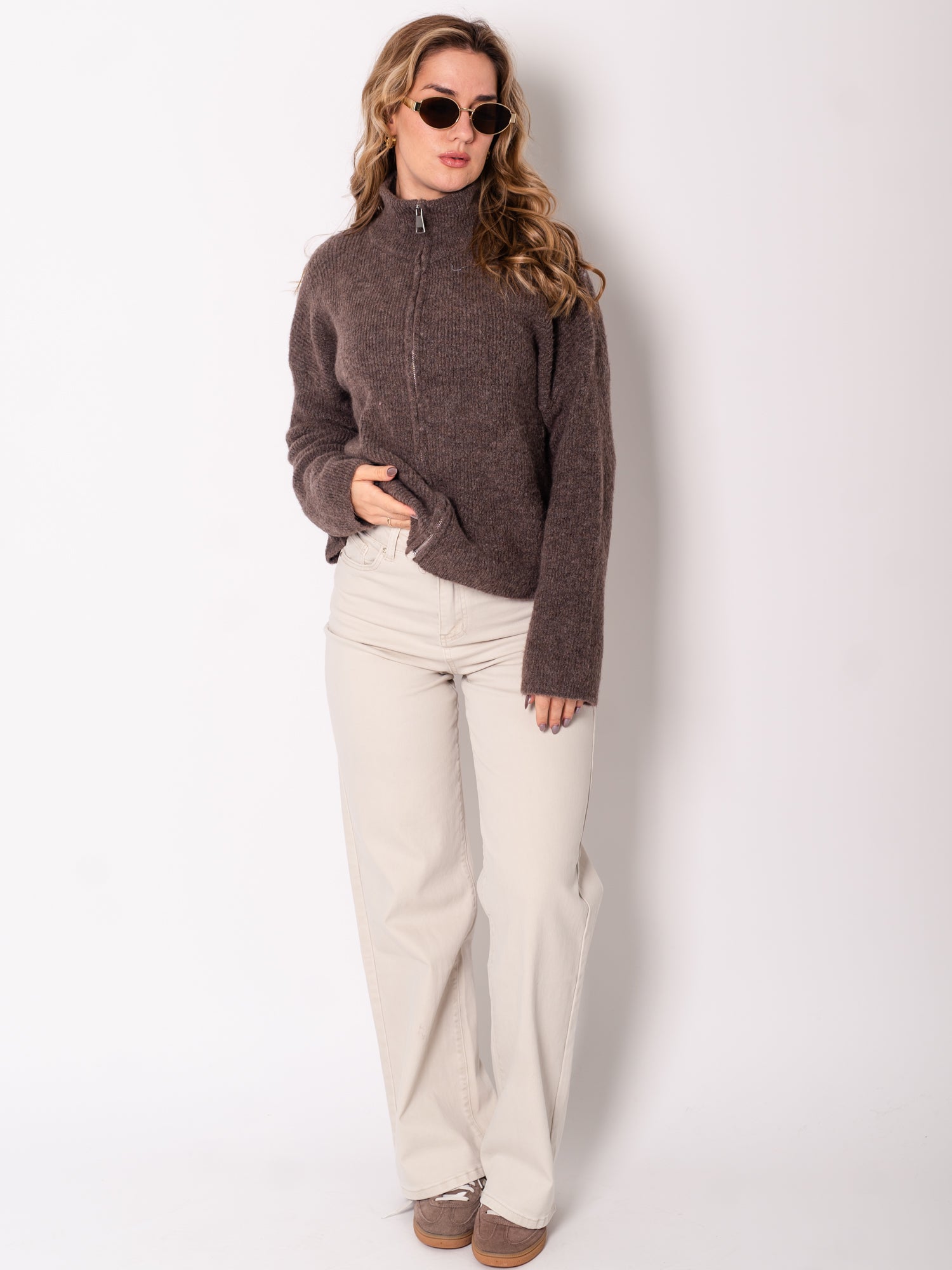 Zip Up Uni Cardigan - Coffee