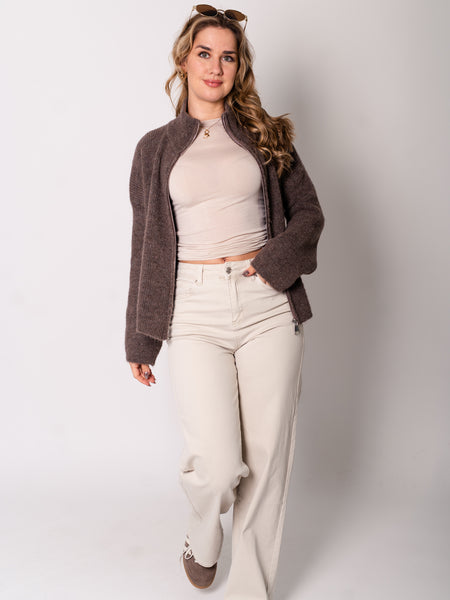 Zip Up Uni Cardigan - Coffee