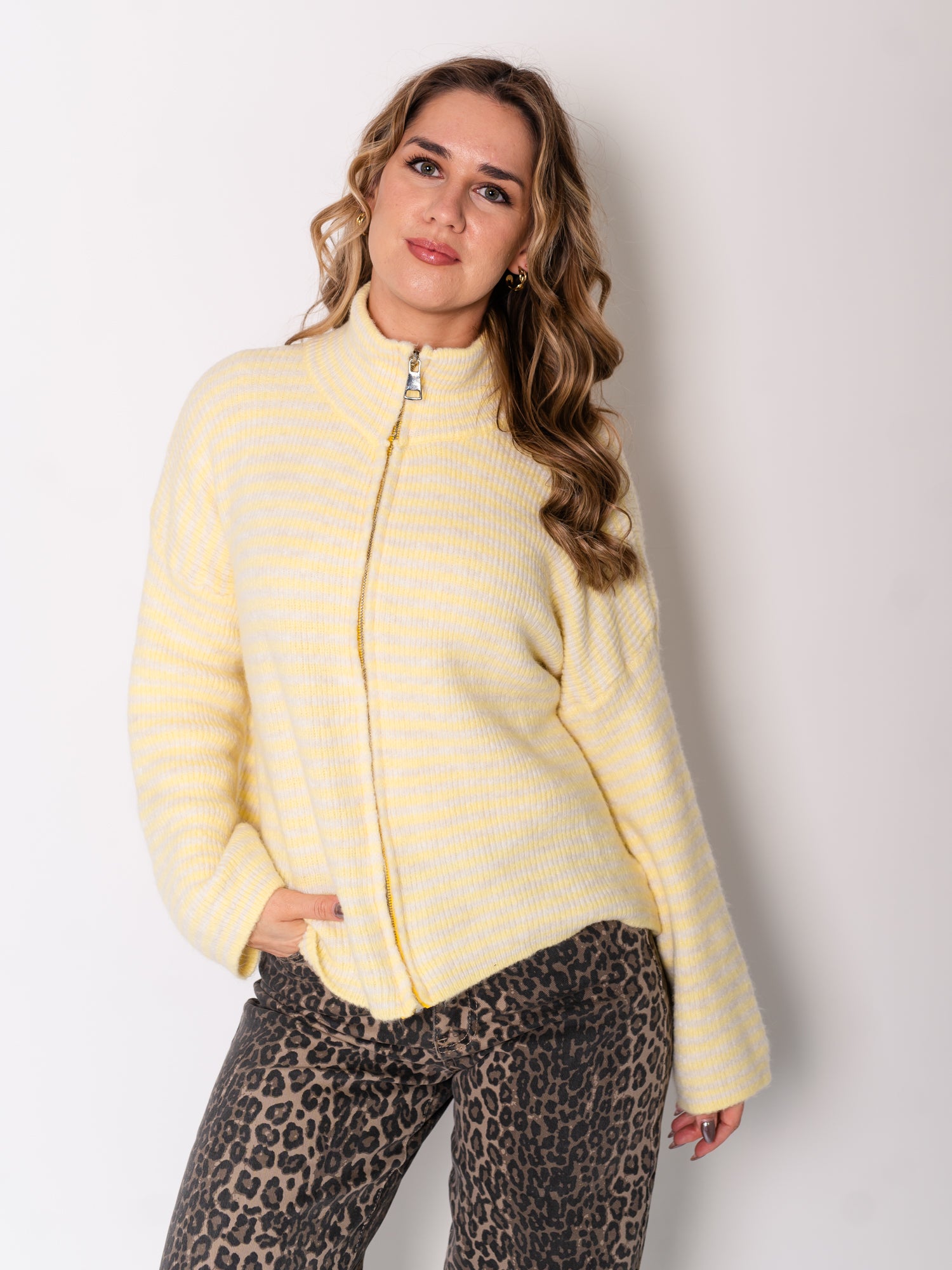 Zip Up Streifen  Cardigan - Gelb