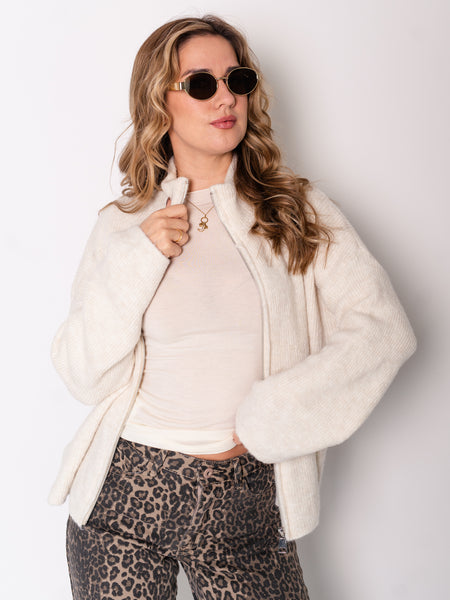 Zip Up Uni Cardigan - Beige