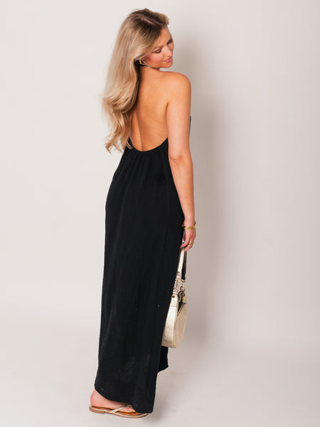 Oceane Neckholder Musselin Kleid - Schwarz