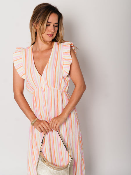 Leonora Stripes Musselin Kleid - Bunt/Orange