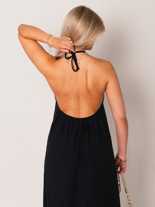 Oceane Neckholder Musselin Kleid - Schwarz
