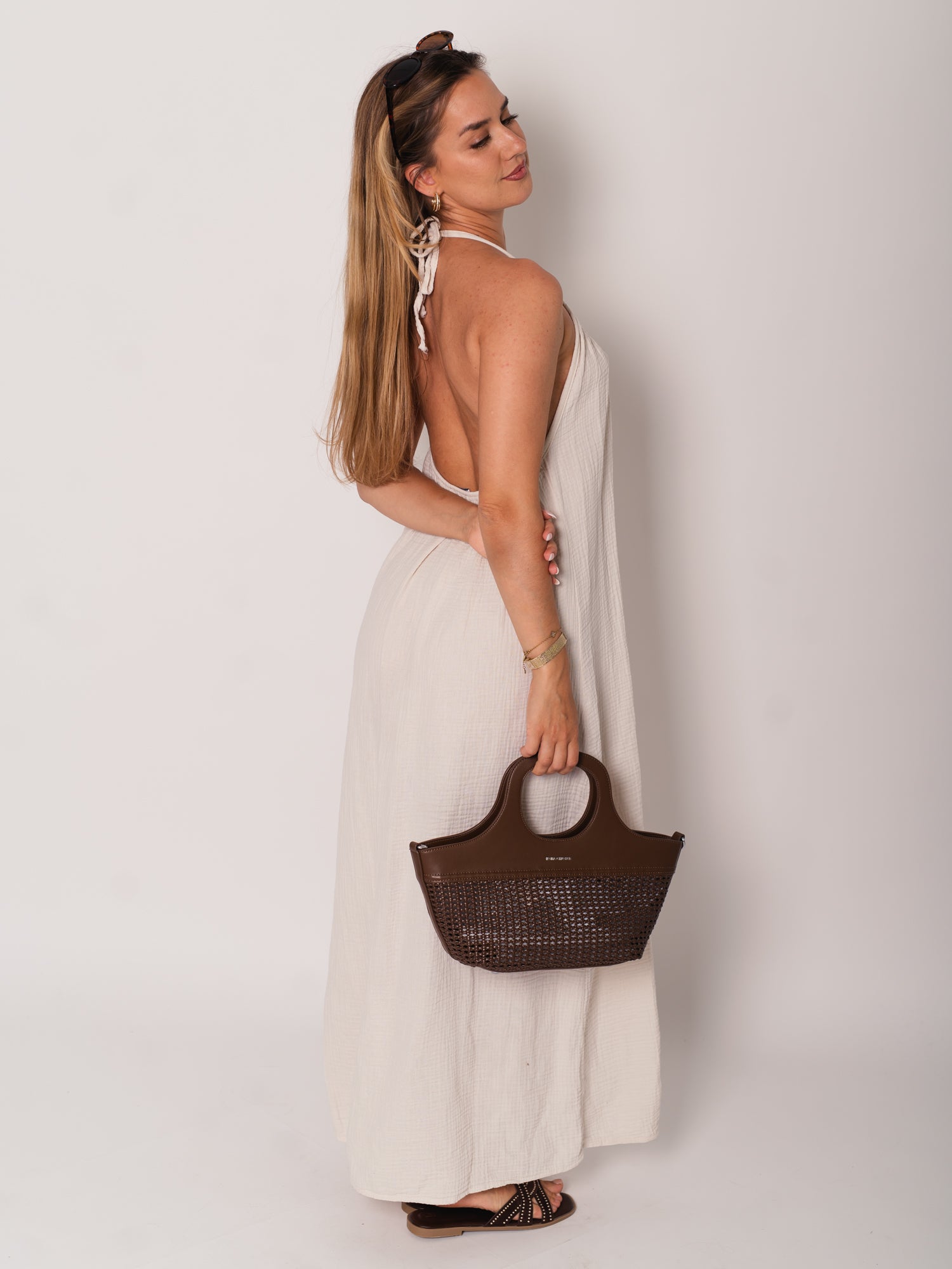 Oceane Neckholder Musselin Kleid - Beige