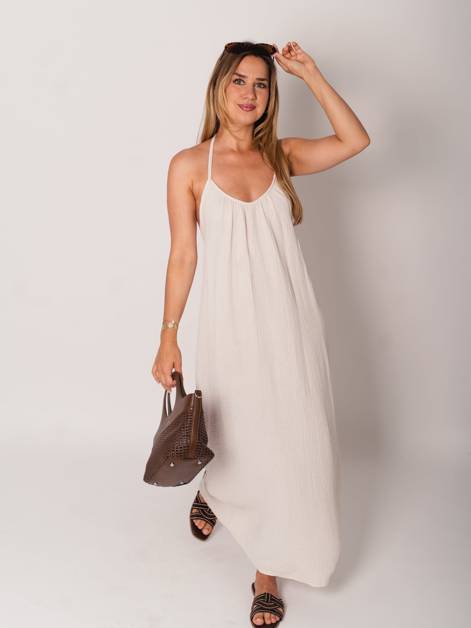 Oceane Neckholder Musselin Kleid - Beige