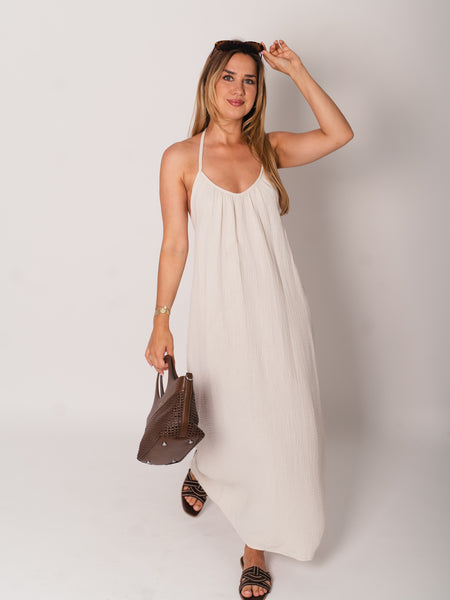 Oceane Neckholder Musselin Kleid - Beige