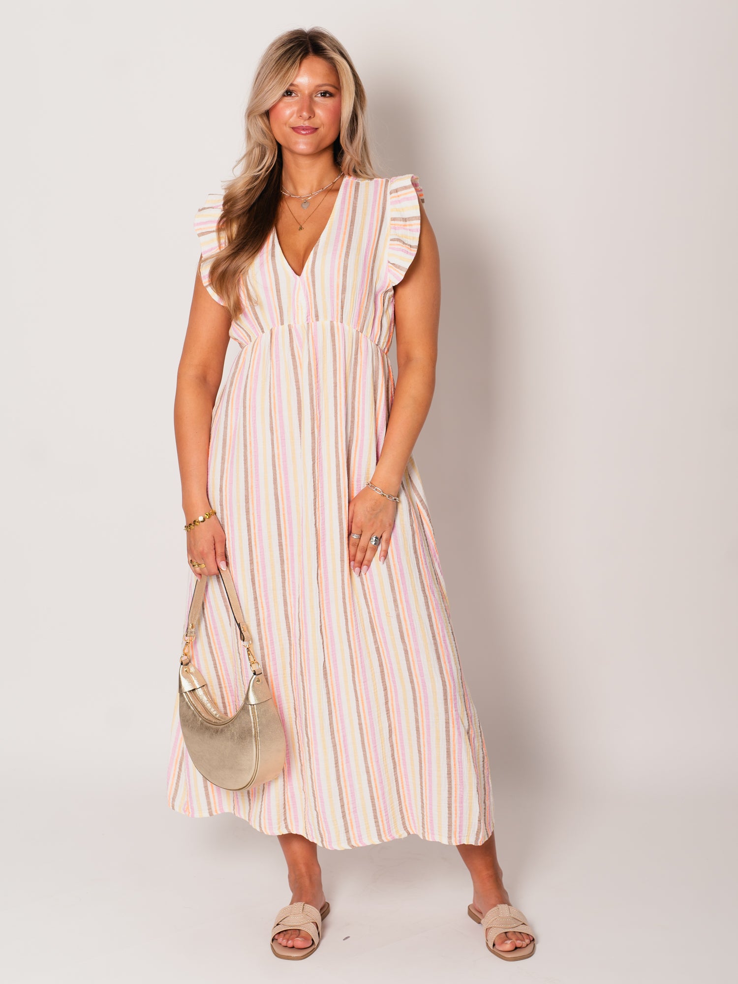 Leonora Stripes Musselin Kleid - Bunt/Taupe
