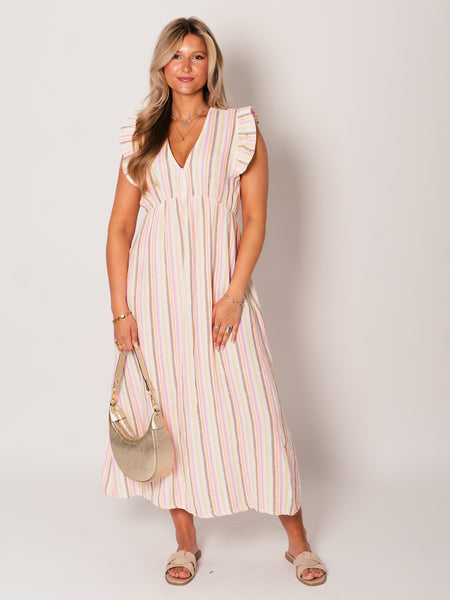 Leonora Stripes Musselin Kleid - Bunt/Taupe