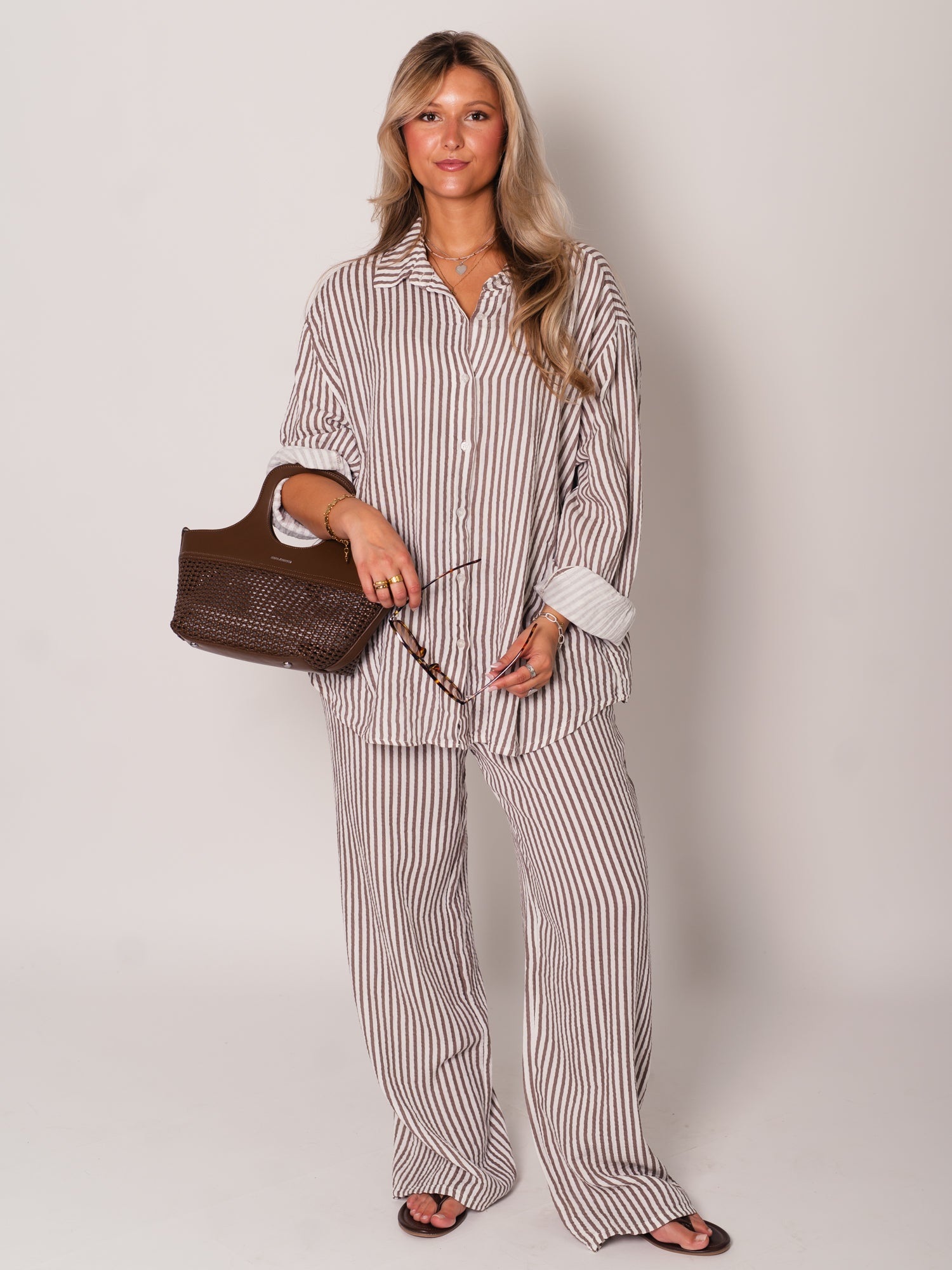 Beachy Musselin Hose -  Streifen/Taupe/Weiß