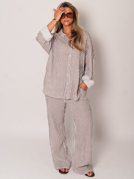 Beachy Musselin Hose -  Streifen/Taupe/Weiß