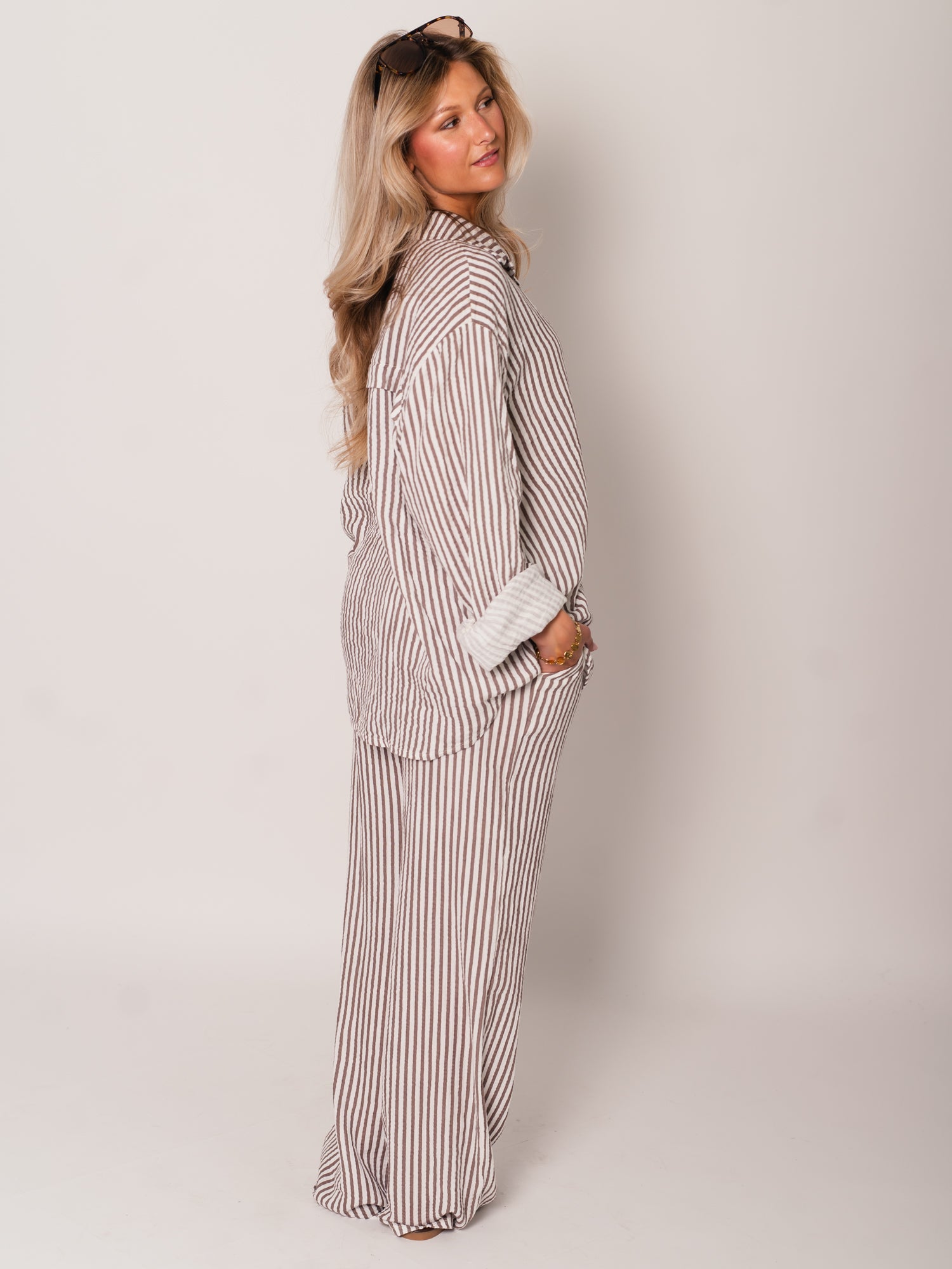Beachy Musselin Hose -  Streifen/Taupe/Weiß