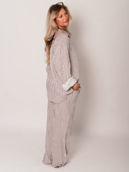 Beachy Musselin Hose -  Streifen/Taupe/Weiß