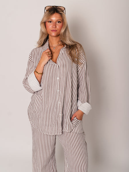 Midi Streifen Musselin Bluse - Creme/Braun