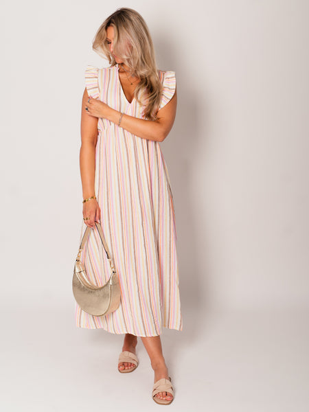 Leonora Stripes Musselin Kleid - Bunt/Taupe