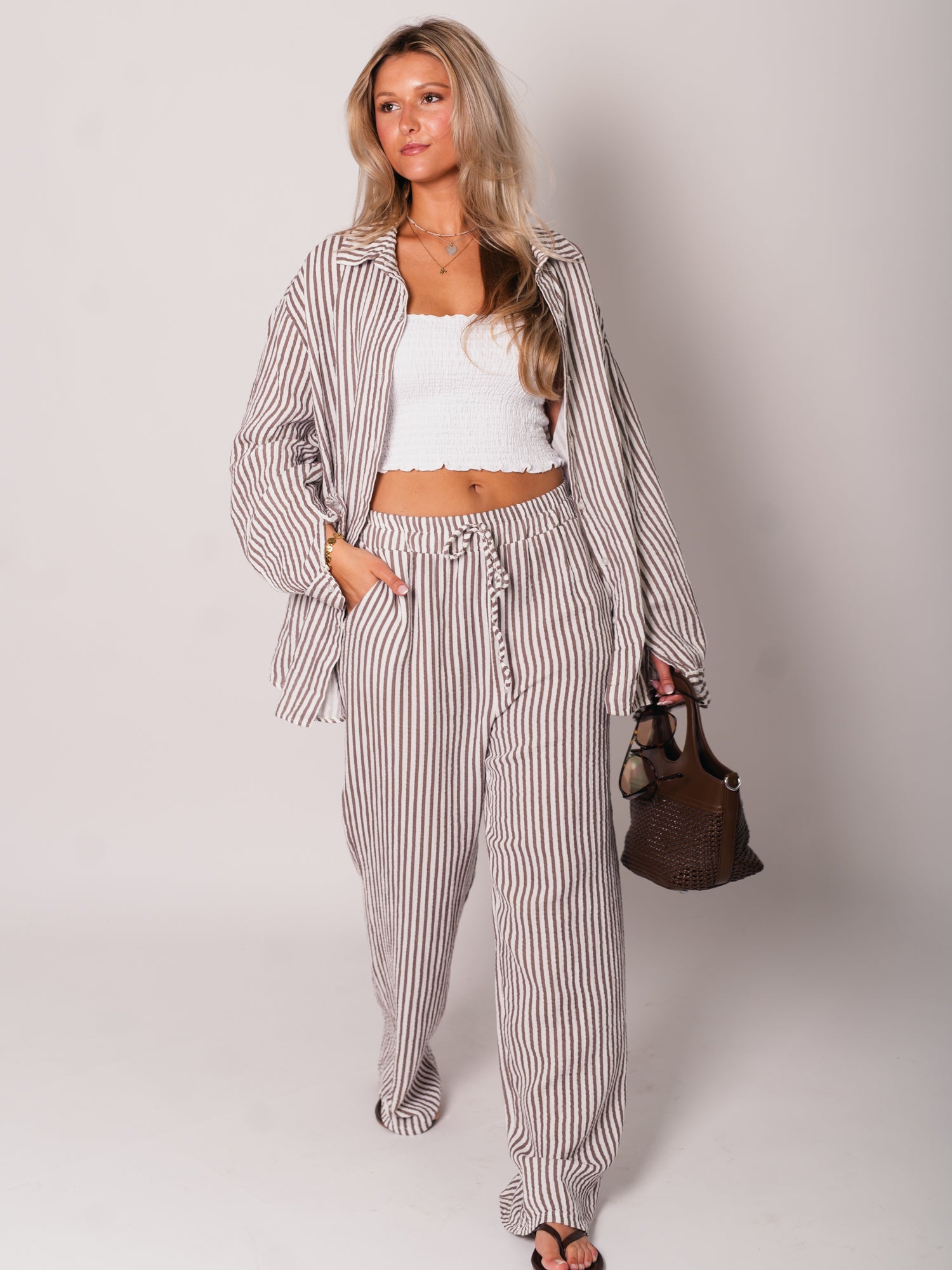 Beachy Musselin Hose -  Streifen/Taupe/Weiß
