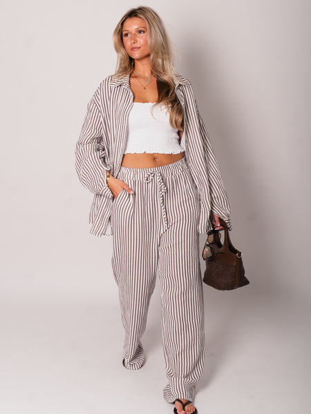 Beachy Musselin Hose -  Streifen/Taupe/Weiß