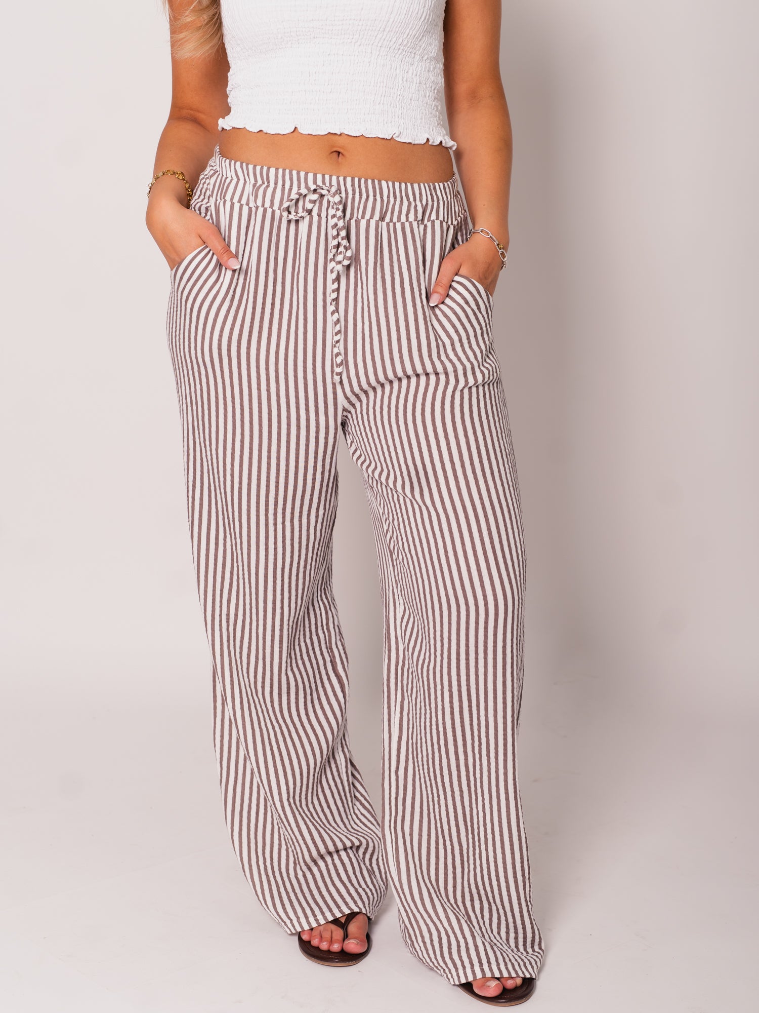Beachy Musselin Hose -  Streifen/Taupe/Weiß