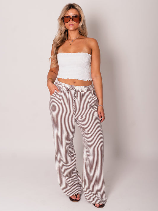 Beachy Musselin Hose -  Streifen/Taupe/Weiß