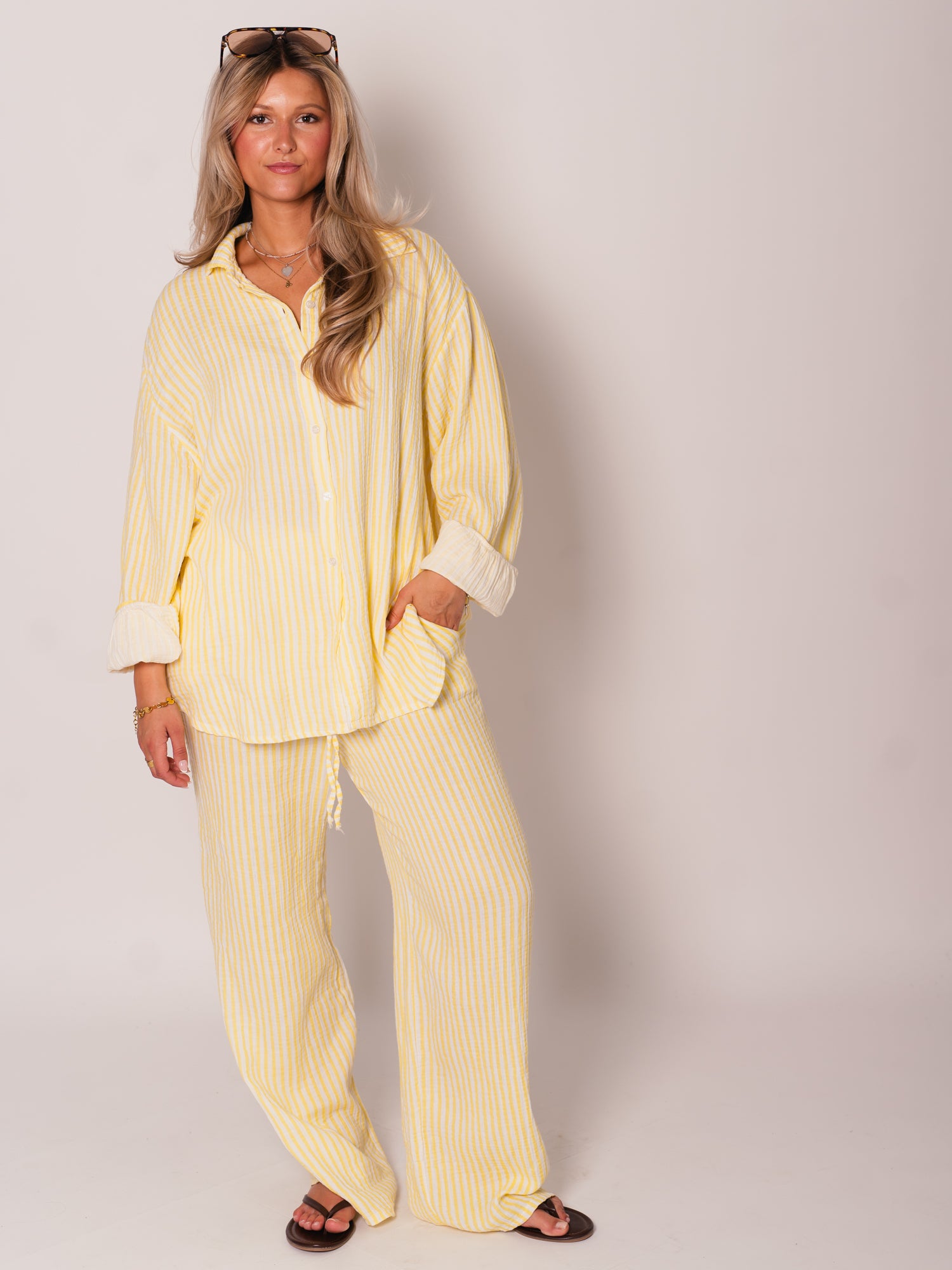 Midi Streifen Musselin Bluse - Weiß/Gelb