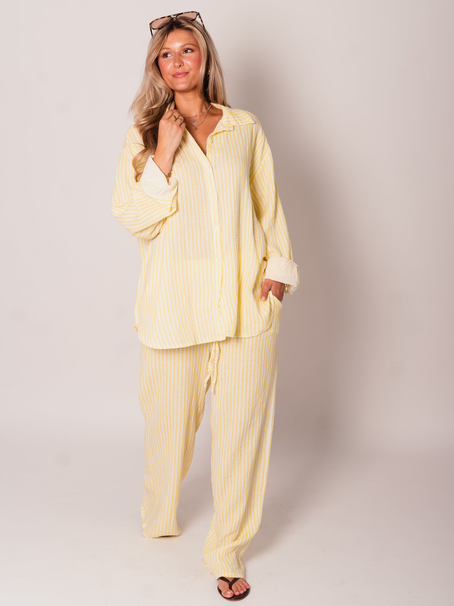 Beachy Musselin Hose -  Streifen/Weiß/Zitronengelb