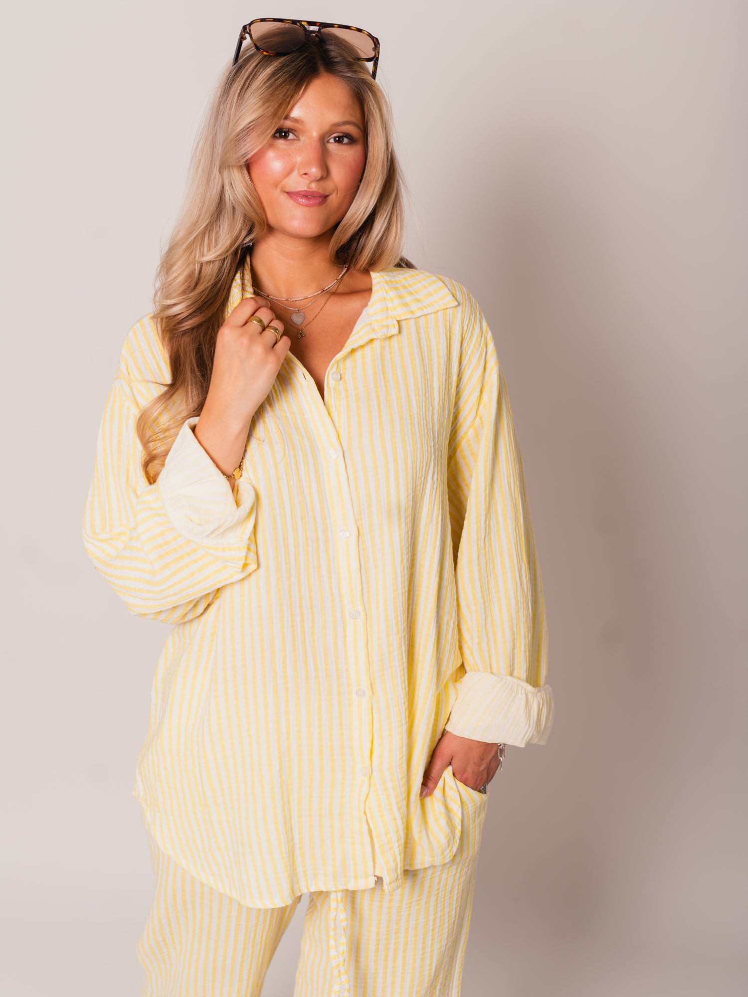 Midi Streifen Musselin Bluse - Weiß/Gelb