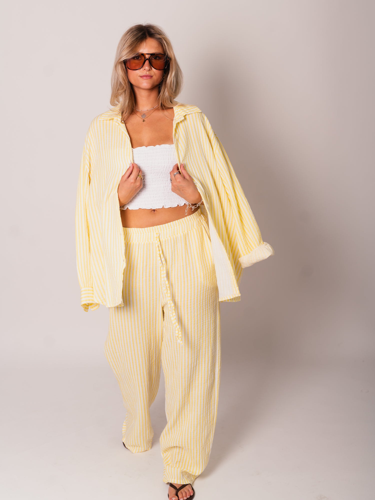Midi Streifen Musselin Bluse - Weiß/Gelb