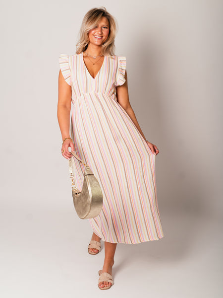 Leonora Stripes Musselin Kleid - Bunt/Taupe