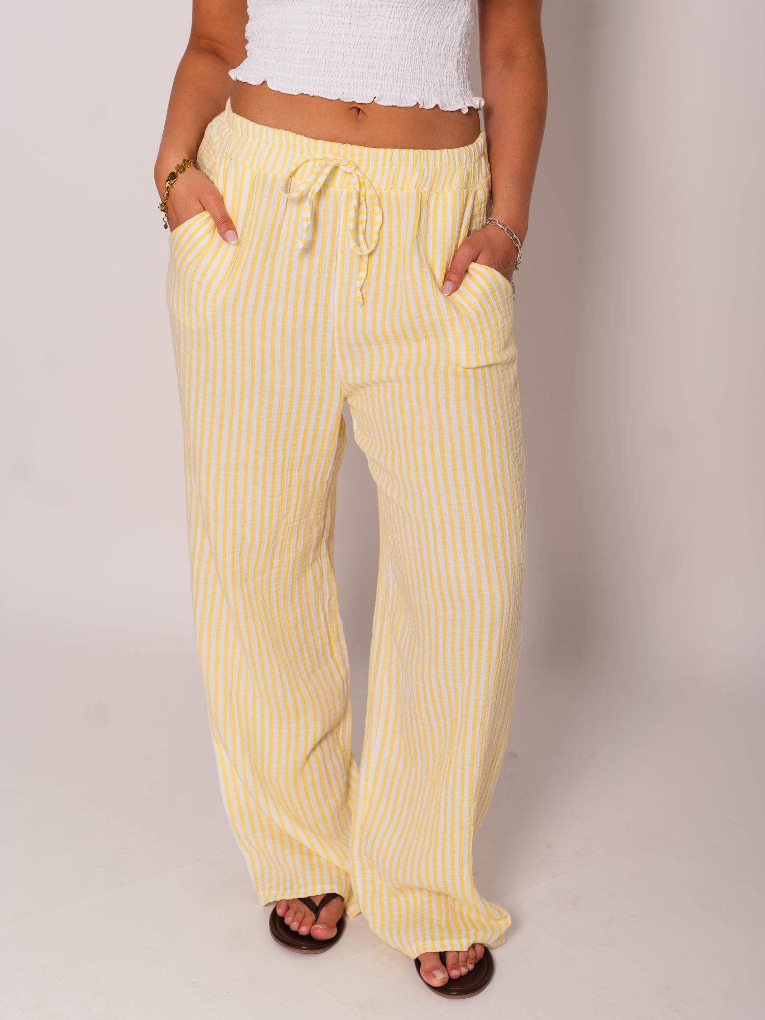 Beachy Musselin Hose -  Streifen/Weiß/Zitronengelb