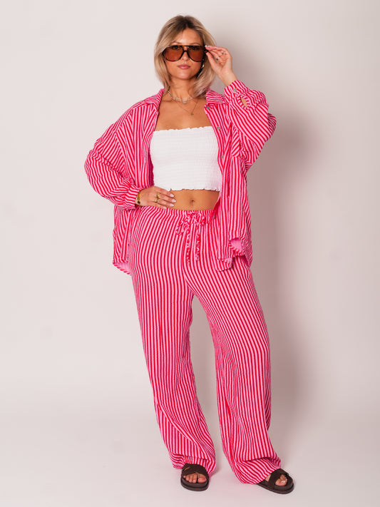 Midi Streifen Musselin Bluse - Rosa/Rot